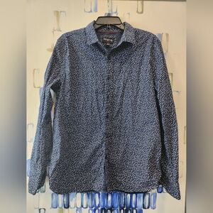 Mens Navy Blue Floral And Polk A Dot  Stretch Long Sleeve Button-Up Shirt